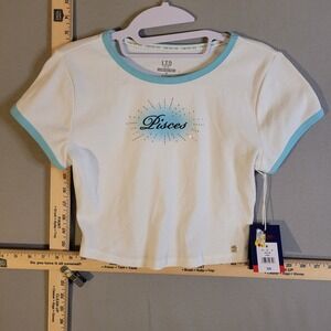 Limited Too LTD 2.0 Pisces Zodiac Rhinestone Ringer Crop Top White Blue Medium